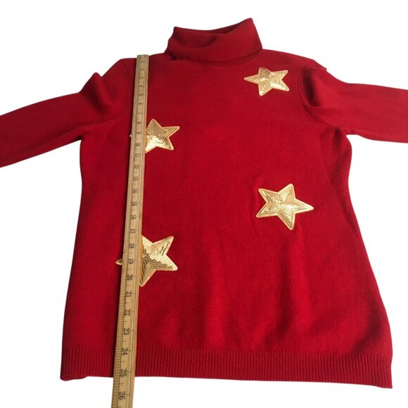 Cashmere  Sweater Womens Medium Red Turtleneck Gold Sequin Stars Celestial - Picture 12 of 16